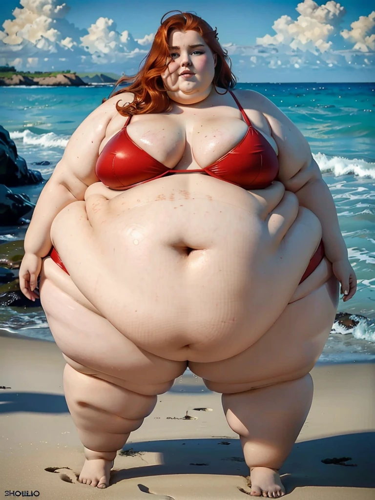 The most beautiful very obese young obese ussbbw fat redhead woman with long rich curly natural ginger hair, natural beautiful cute face, blue eyes, freckles on face and body, busty obese ussbbw fat feminine body, huge fat obese bloated soft belly, very wide hips and large fat booty, fat arms, thicc fat wide obese legs in a beautiful tight red bikini on a beach