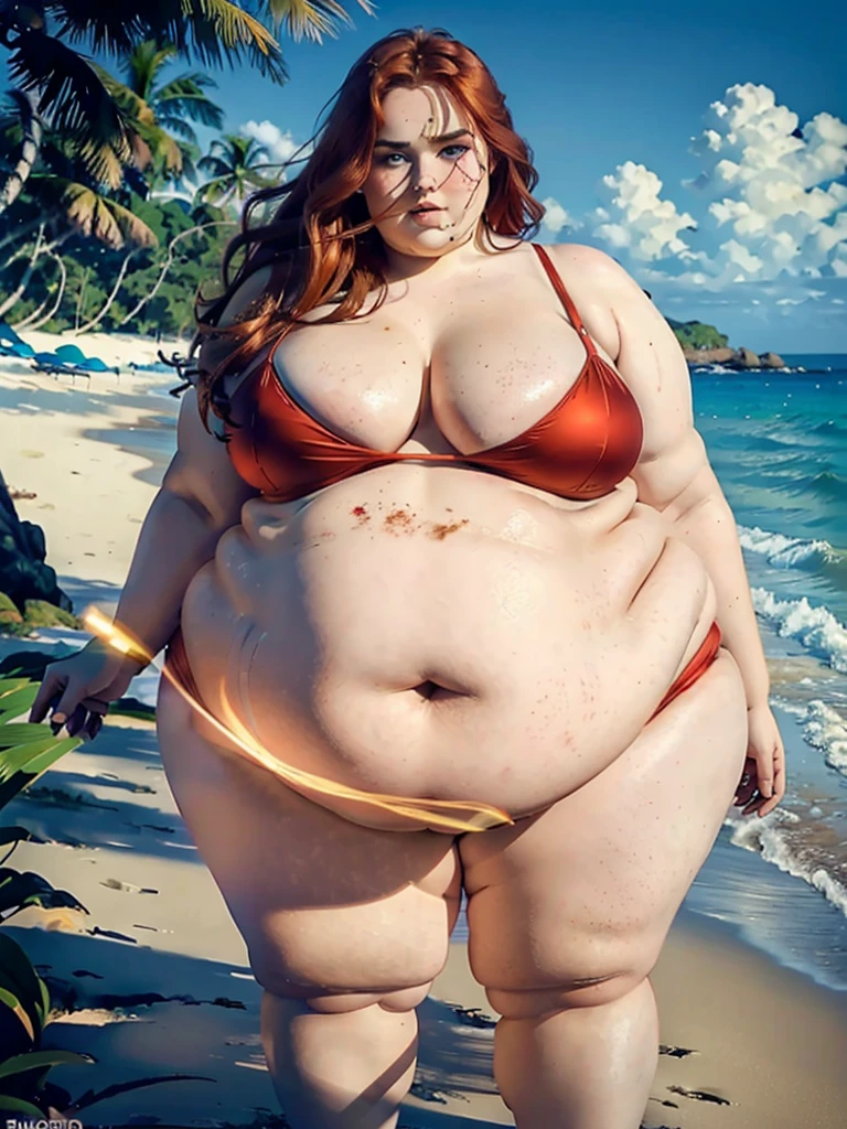 The most beautiful very obese young obese ussbbw fat redhead woman with long rich curly natural ginger hair, natural beautiful cute face, blue eyes, freckles on face and body, busty obese ussbbw fat feminine body, huge fat obese bloated soft belly, very wide hips and large fat booty, fat arms, thicc fat wide obese legs in a beautiful tight red bikini on a beach