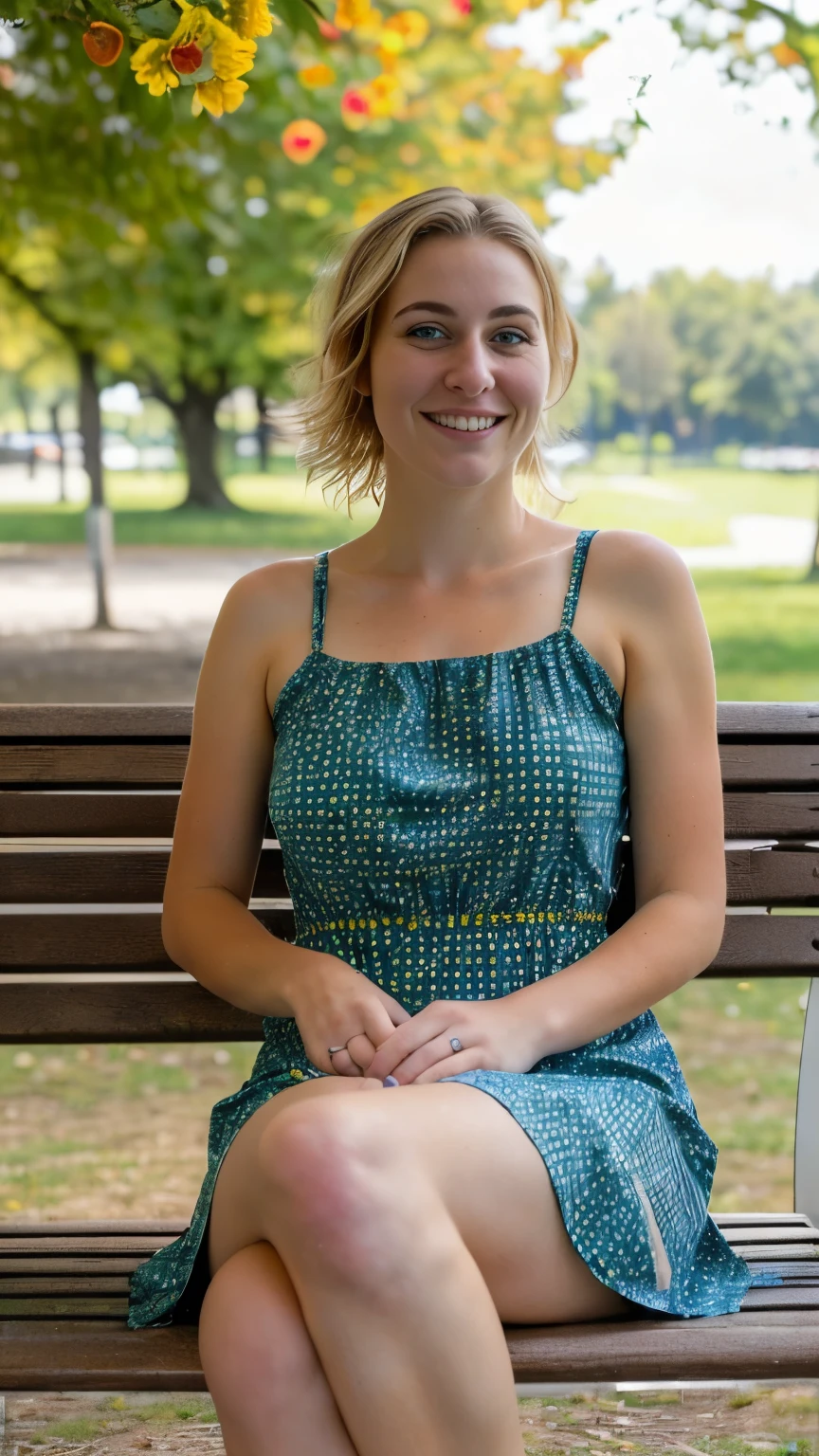 A woman named Lara Bauer sits on a park bench, She is a 22 year old woman, She has beautiful shoulder-length blonde hair, (yellow-brown blonde hair), (blonde small eyebrows), bright grey-green eyes with great details, slick hair, (square face: 1.3), (long face: 1.4), Pretty face, (she sits there in a long summer dress, legs crossed), (best quality:1.4), (ultra highres:1.2), (photorealestic:1.4), (8K, RAW-Foto:1.2), Vivid colors, colorful, bright, bokeh, Frühlingsfarben, Happy, smiling, (hole body: 1.7), Photo from a distance, (Long-range shot: 1.8), she looks to the left