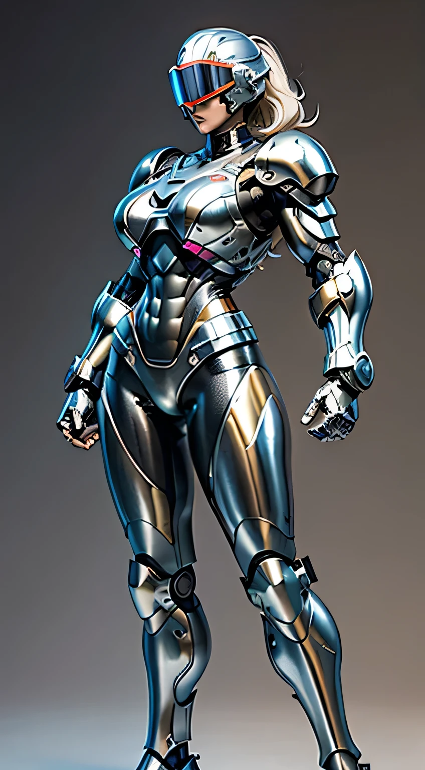 Female Robocop Solo、Bright outdoors、strong light source、8K, high quality, masterpiece, 最high quality, Crisp contrast、Very detailed、Full body armor、Very large armor、Helmet covering the head、Clear photos、His eyes are hidden by thin straight goggles:1.3、The lower half of the face is raw々Shii:1.5、The lower half of the face is exposed、Seductive lips、Rainbow and white metallic armor、Armor that completely covers the chest、Long, slender legs、Vibrant Posselo Body View,Big and ample breasts:1.5, (Sports Body:1.5)、Five Fingers、Hold a handgun、In the city