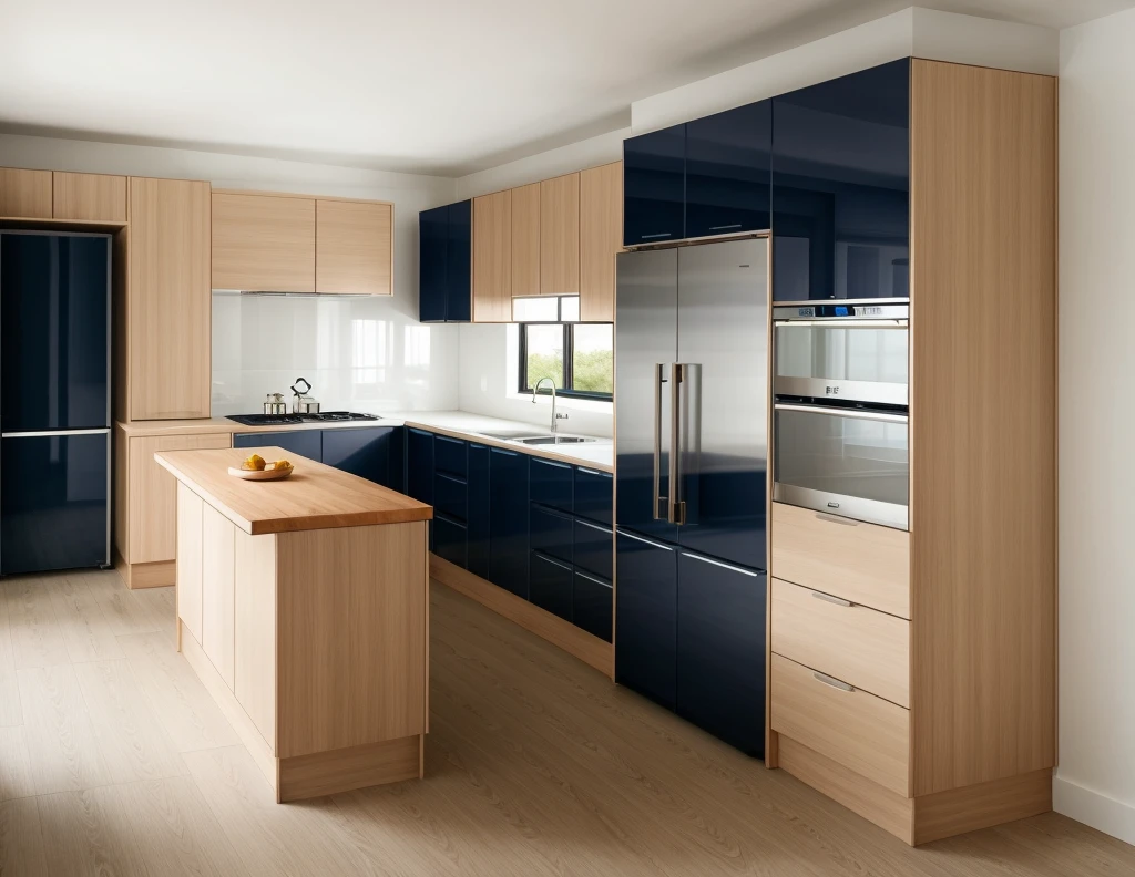 kitchen interior, modern style, navy blue cabinet, neutral color scheme, a fridge, ((window)), door, beautiful lighting, (realistic:1.2), Raw photo,Masterpiece, high quality, best quality, authentic, super detail,