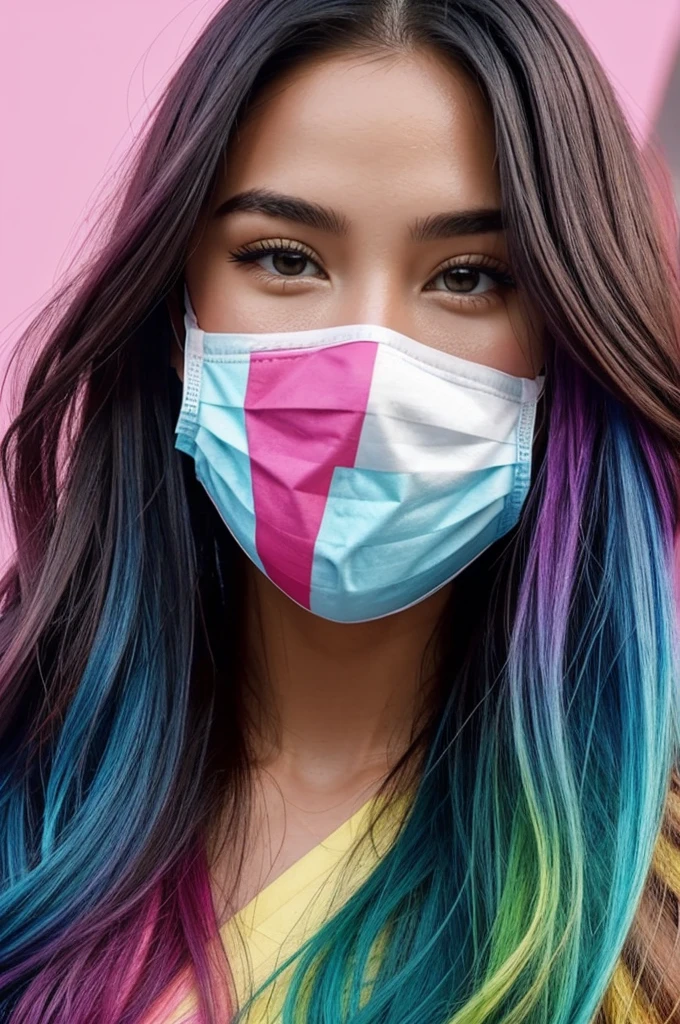 So i want you to draw an girl with Long hair and an face mask and the background where is gonna be an trans sexual flag. And i think thats all