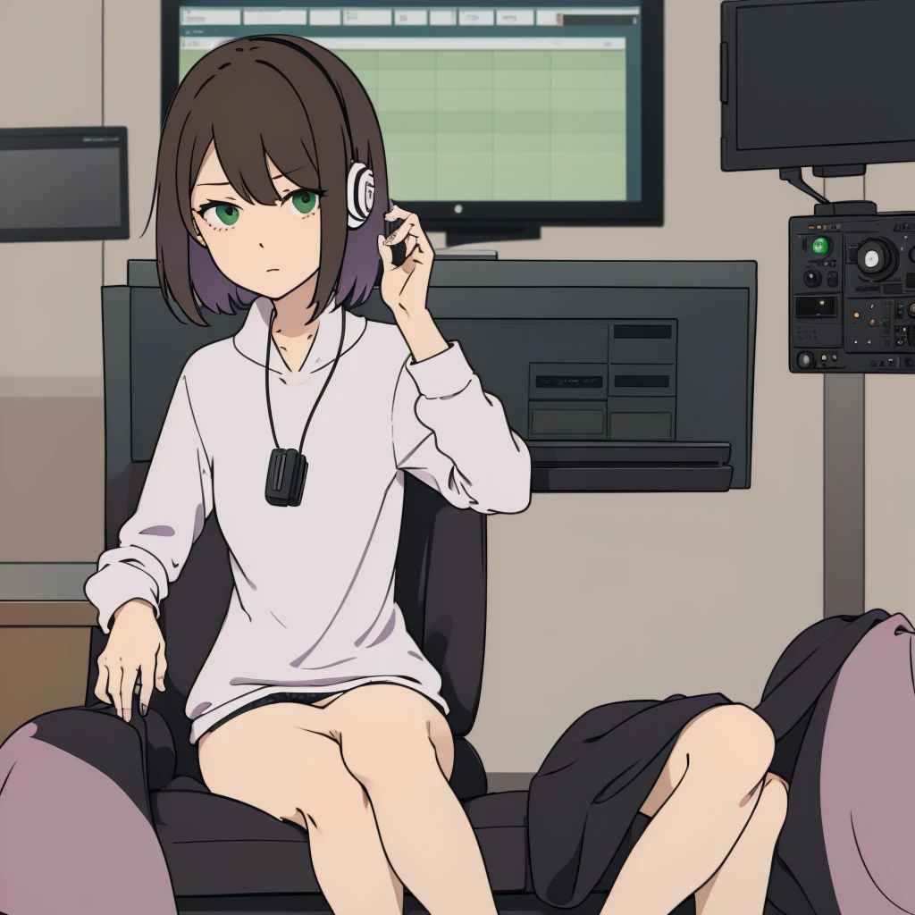  a girl with short hair, fringe,brown hair and lilac locks, White skin, green eyes, sitting in a voice recording studio with headphones