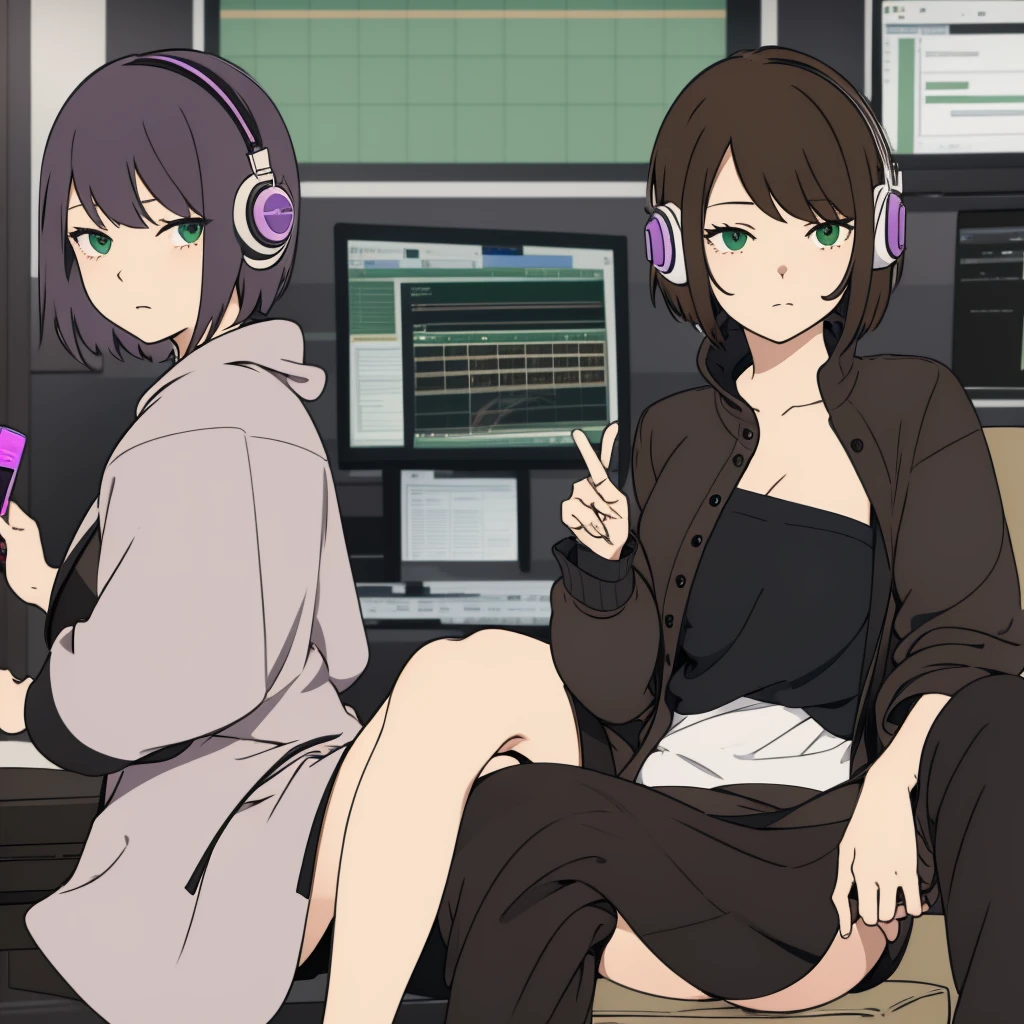  a girl with short hair, fringe,brown hair and lilac locks, White skin, green eyes, sitting in a voice recording studio with headphones