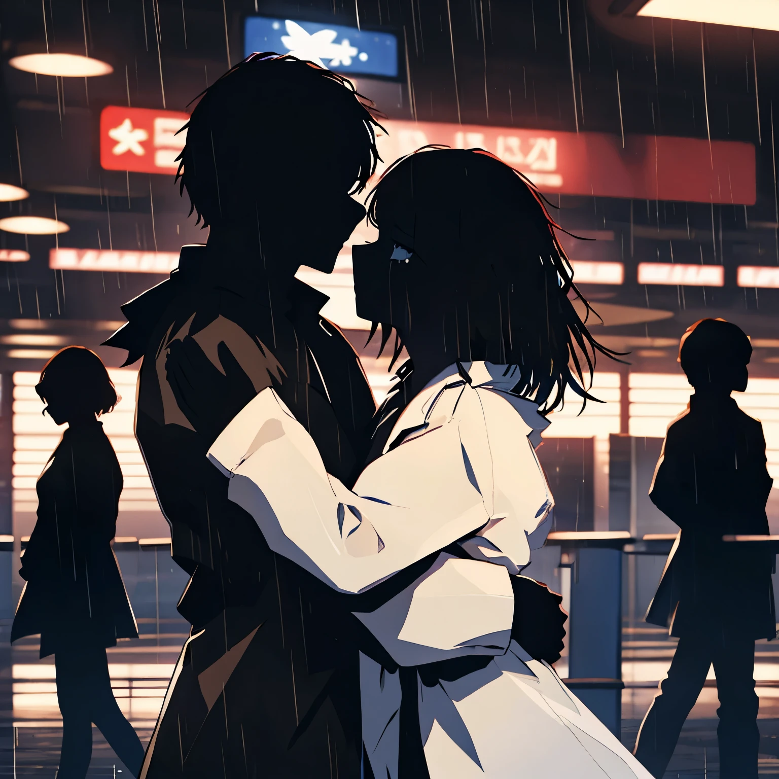 Man wearing a soft hat and black trench coat, hugging a woman in a white coat, background is airport, on the verge of boarding a plane, rainy night, woman's tears,