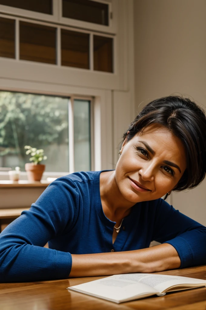 A forty-year-old woman leaning on a table