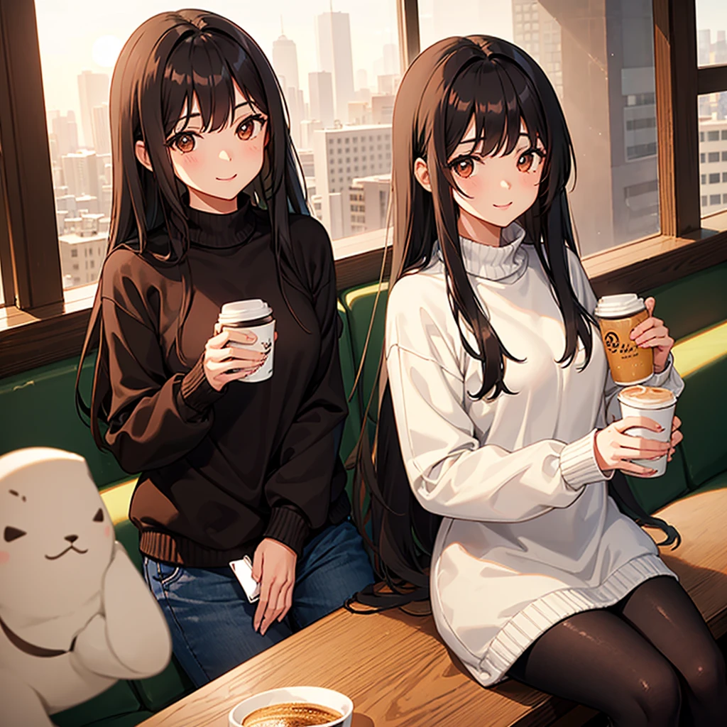 Cute girl with black long straight hair, brown eyes and a round face in a brown sweater sits in a cafe and drinks coffee., sunset, toothy smile without bangs, holding a poodle puppy in his arms