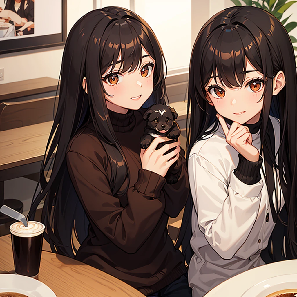 Cute girl with black long straight hair, brown eyes and a round face in a brown sweater sits in a cafe and drinks coffee., sunset, toothy smile without bangs, holding a poodle puppy in his arms