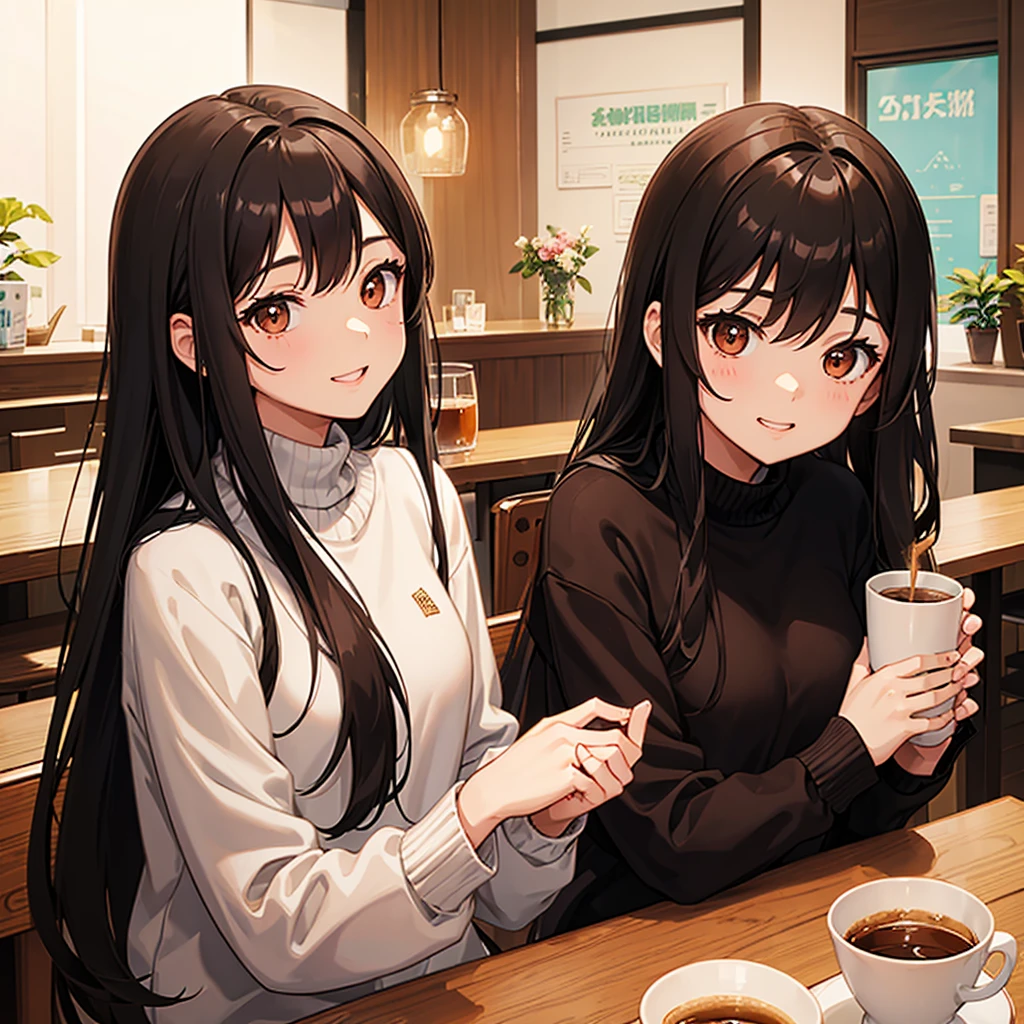 Cute girl with black long straight hair, brown eyes and a round face in a brown sweater sits in a cafe and drinks coffee., sunset, toothy smile without bangs, holding a poodle puppy in his arms