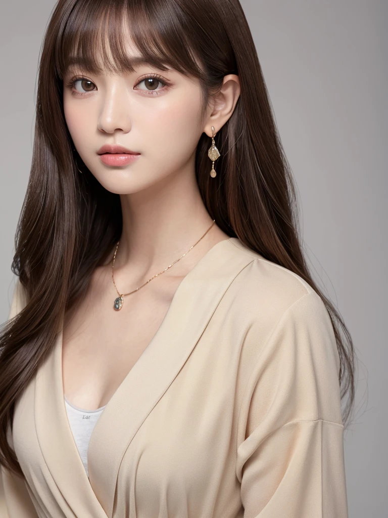 ((Highest quality, 8K, masterpiece:1.3)), concentrate: 1.2, Perfect body beauty: 1.4, Hips: 1.2, ((Long Hair, chest: 1.2)), (Dry clothes: 1.1) , (clear, Simple Background:1.3), Simple clothes: 1.1, Highly detailed face and skin texture,Delicate eyes, double eyelid, Whitened skin, Rough skin、Long Hair、Earrings with bangs、necklace、 solo、Beige coat、White shirt, (((Beautiful girl with cute Japan)))、 ((Beautiful Japanese girl 20 years old))、 ((Baby Face))、 (((Slender body)))、 Upper Body,Face focus、necklace,Simple Background,From above, Realistic Hair、 A photograph was taken:Canon EOS R6、135mm、1/1250 seconds、f2.8、ISO400、(Detailed explanation of the hand)、(Masseter muscle area)、(Exquisite CG)、Long Hair, loose and curly hair、Korean Hair、Long Hair明るいベージュ色、グラデーションハイライトグレージュのゆるふわLong Hairスタイル、