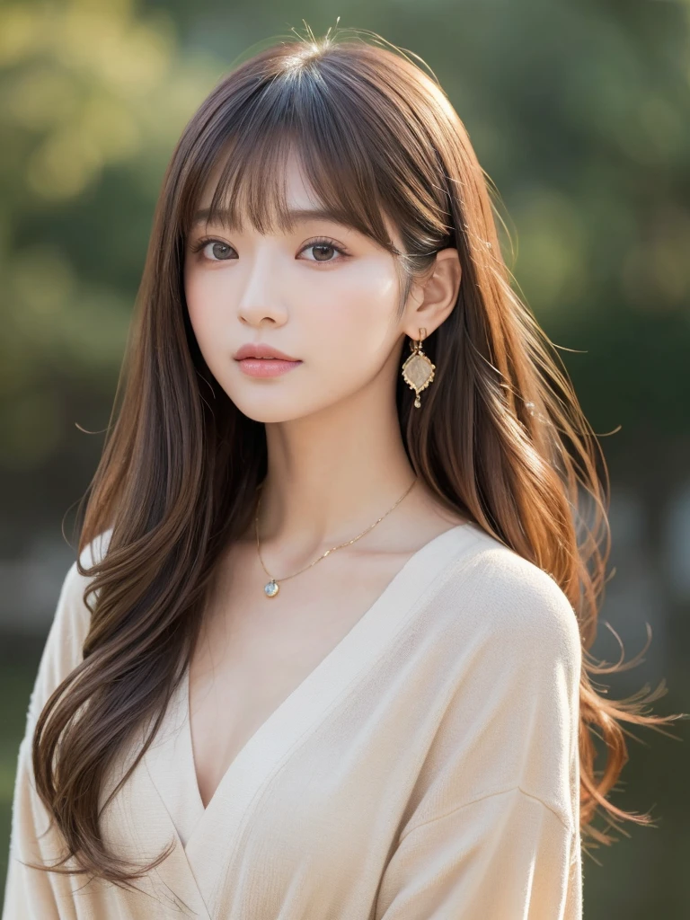 ((Highest quality, 8K, masterpiece:1.3)), concentrate: 1.2, Perfect body beauty: 1.4, Hips: 1.2, ((Long Hair, chest: 1.2)), (Dry clothes: 1.1) , (clear, Simple Background:1.3), Simple clothes: 1.1, Highly detailed face and skin texture,Delicate eyes, double eyelid, Whitened skin, Rough skin、Long Hair、Earrings with bangs、necklace、 solo、Beige coat、White shirt, (((Beautiful girl with cute Japan)))、 ((Beautiful Japanese girl 20 years old))、 ((Baby Face))、 (((Slender body)))、 Upper Body,Face focus、necklace,Simple Background,From above, Realistic Hair、 A photograph was taken:Canon EOS R6、135mm、1/1250 seconds、f2.8、ISO400、(Detailed explanation of the hand)、(Masseter muscle area)、(Exquisite CG)、Long Hair, loose and curly hair、Korean Hair、Long Hair明るいベージュ色、グラデーションハイライトグレージュのゆるふわLong Hairスタイル、