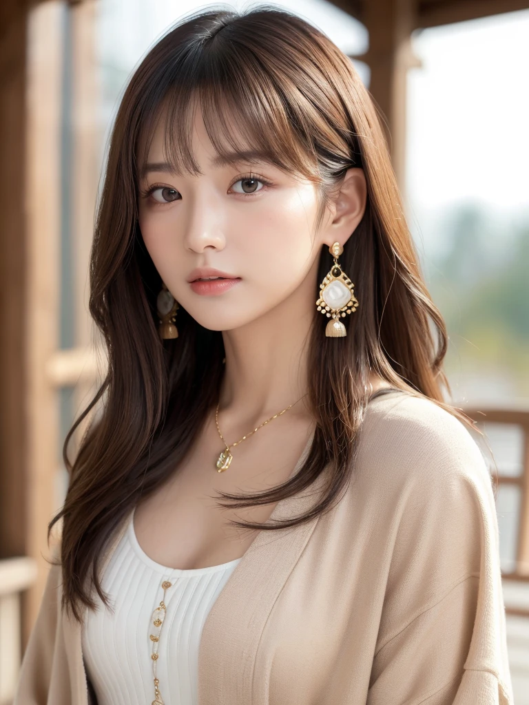 ((Highest quality, 8K, masterpiece:1.3)), concentrate: 1.2, Perfect body beauty: 1.4, Hips: 1.2, ((Long Hair, chest: 1.2)), (Dry clothes: 1.1) , (clear, Simple Background:1.3), Simple clothes: 1.1, Highly detailed face and skin texture,Delicate eyes, double eyelid, Whitened skin, Rough skin、Long Hair、Earrings with bangs、necklace、 solo、Beige coat、White shirt, (((Beautiful girl with cute Japan)))、 ((Beautiful Japanese girl 20 years old))、 ((Baby Face))、 (((Slender body)))、 Upper Body,Face focus、necklace,Simple Background,From above, Realistic Hair、 A photograph was taken:Canon EOS R6、135mm、1/1250 seconds、f2.8、ISO400、(Detailed explanation of the hand)、(Masseter muscle area)、(Exquisite CG)、Long Hair, loose and curly hair、Korean Hair、Long Hair明るいベージュ色、グラデーションハイライトグレージュのゆるふわLong Hairスタイル、