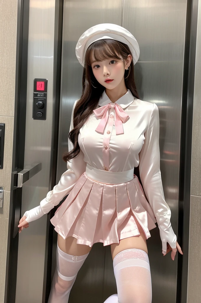Highest quality、Elevator Girl、Shiny silk formal jacket in pink、White blouse with big ribbon、Round collar、Micro Mini Skirt、Tight Skirt、A small round hat with a ribbon、Skinny、White gloves、White over-the-knee socks、Flushed Cheeks、Embarrassed look、Big Breasts、Pull the skirt down with your hands