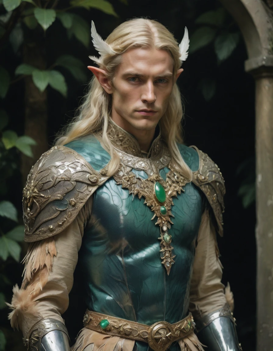 {{Masterpiece, daguerreotype on old paper, monochrome}}, (by Moebius, by Théodore Géricault), the composition is: ((((Beautiful Male high elf knight, elf ears, blonde, long hair, tan skin, chiseled face, cruel, sadistic, arrogant, villain. Wearing, art déco robes made of feathers and holographic fabric, with sequin elements, pendants of jade beads and pearls, bird symbology, star symbology. Jungle, art nouveau background))))
