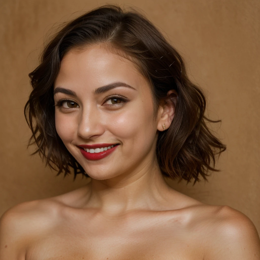 1girl, ((solo)), realisitic, (((Latina tan skin))), rich latina, ((ugly:1.2)), realistic, raw image, natural lighting, (((35 year old))), ((square face)), (high cheekbones), (thin eyebrows), (arched eyebrow), (deep nose bridge), (pointy nose), (dark hair), (regal nose), (deep eyes), ((ed lipstick), indoor setting, (((nude))), (((European background setting))), (((smiling))), full body shot, (((upper body))), (selfie shot at the corner of the cozy game room), ((medium hair)), high angle full body shot,