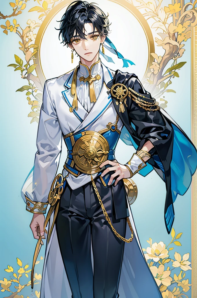 Slim man, short messy black hair, soft yellow eyes, fancy light blue and white Japanese style suit, gold corset, small waist, gold earrings, proper pose, full body view, masculine male, standing alone, one man