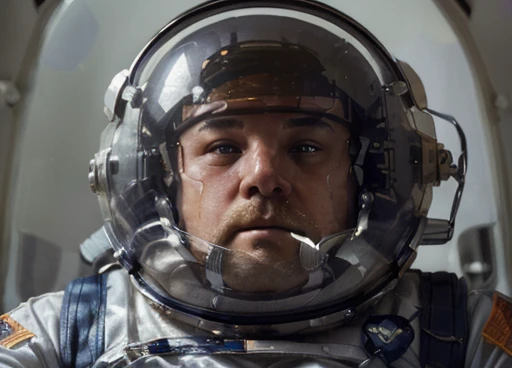 (((Photograph Half of the body of the astronaut in his space uniform, transparent helmet visor for the viewer to see his face, chubby man, extremely thick thighs, large belly, fat, aged 50, bearded inside the astronaut's helmet ))). walks with a device in his hands analyzing the unknown environment of the planet. Atmosphere of the day. ( An Android walks alongside the astronaut helping to collect mineral samples from the planet).