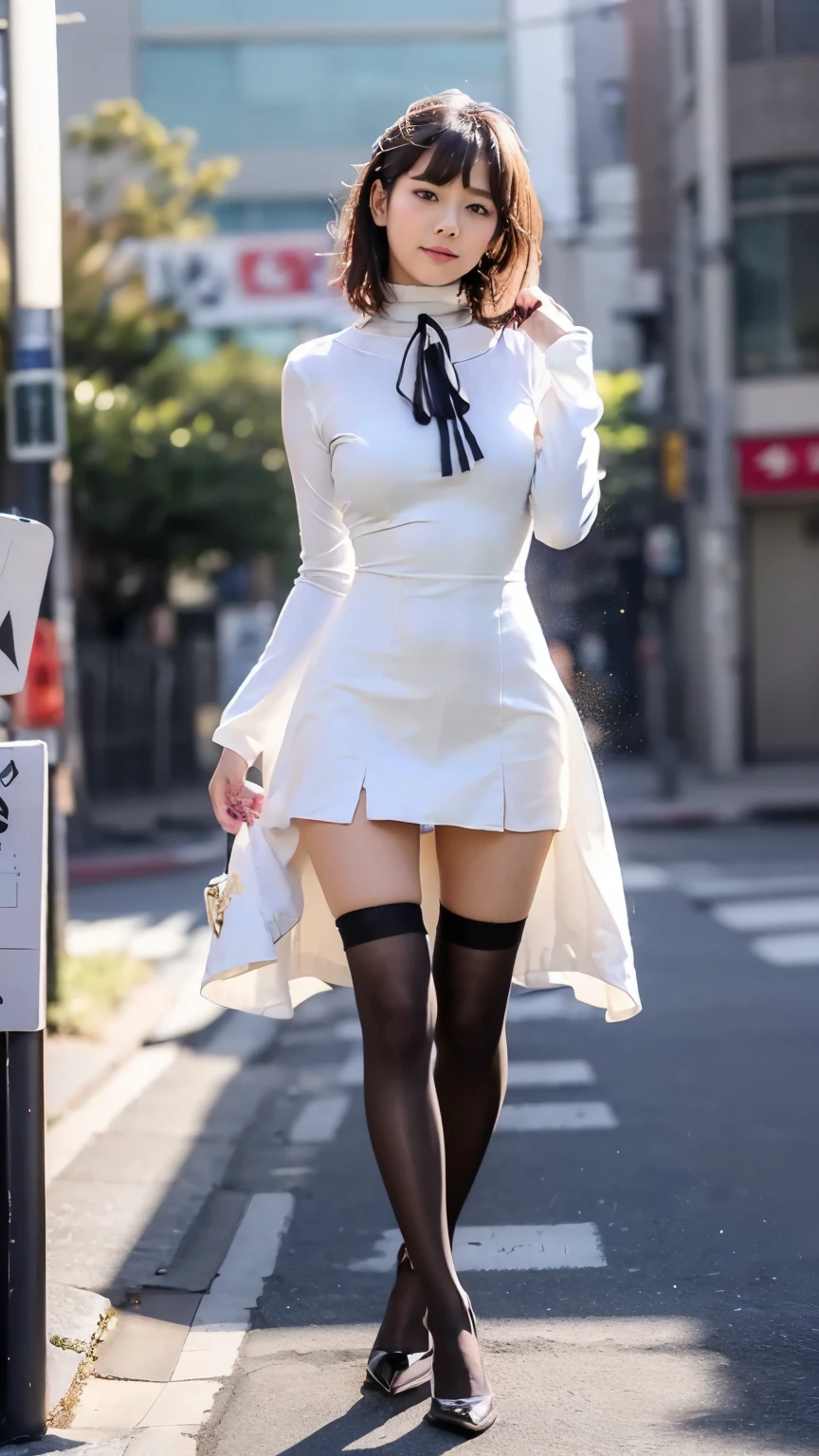 (Standing with legs apart on Tokyo street、Standing on a street corner、Standing with hands on his hip)、(Shiny tight turtleneck dress:1.4、Tight enamel mini dress:1.3、A body-hugging bodycon dress、(Black Stockings:1.2、Wearing pantyhose that reach above the knees)、(the visible part of someone's thighs between their skirt or shorts and their knee-high socks:1.34、Absolute area))、(Realistic、Like a photograph、Live Action、8K, Photorealistic, RAW Photos, Best image quality: 1.4), Single-lens reflex camera、RAW Photos, Highest quality, Realistic, Highly detailed CG Unity 8K wallpaper, Written boundary depth, Cinematic Light, Lens flare, Ray Tracing, Realistic background、((Ultra-dense skin))、 1 female,Cute busty Japanese woman、(Japanese office lady walking down Tokyo street at night）、((whole body:1.5)，Look away:1.1、Short Bob Style:1.2、I like that style、Stylish、Very detailed、Pay attention to the details、The perfect outfit、(White skin)、Beautiful legs:1.1，View from the ground、Accurate hands、Accurate legs、Detailed hand and fingers、Anatomically correct body