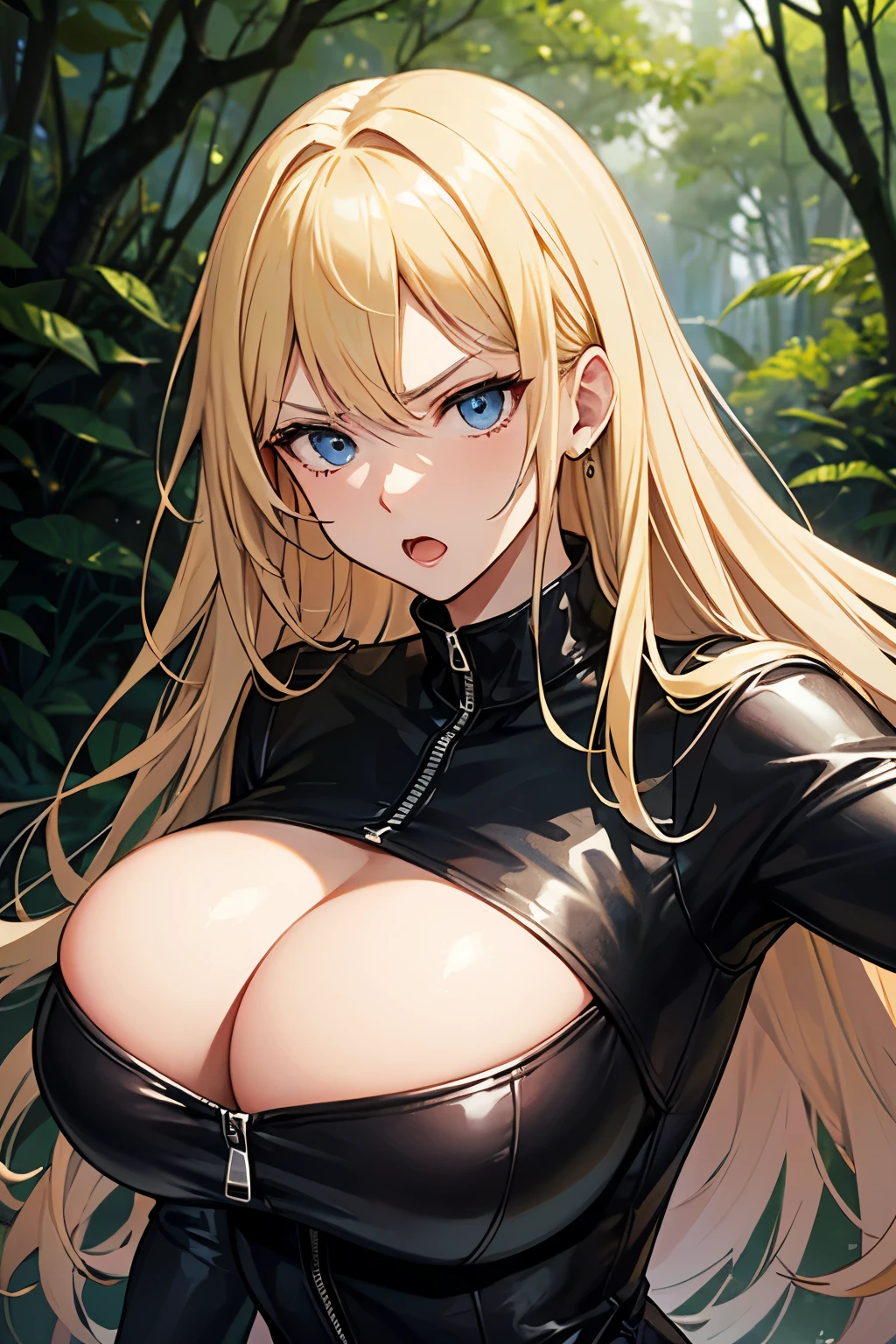 a busty long hair blonde woman blue eyes with a haughty serious face expression, open mouth, black leather jumpsuit, forest background, facing the camera, Big breast++, face camera, serious face