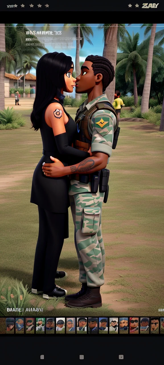Couple (dark-skinned man and man with tattoos on his arm and man from the Brazilian military army and brunette woman in sexy black dress) not Disney Pixar style, high qualiy, best qualityer.