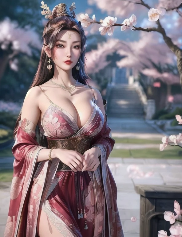  (((Full and soft breasts,)))(((Huge breasts))) (((Cleavage)))(,1 Girl, Throw,best quality, ) , (,1 Girl, Solitary, Large Breasts, Looking at the audience, Cherry blossoms,Peach Blossom,  )  Ultra-realistic 8k CG, Flawless, Clean, masterpiece, Professional artwork, Famous Artworks, Movie Lighting, Bloom, Perfect face, Pretty Face, fantasy, Like a dream, illusory, Science fiction, Lace, Lace trim, Lace-trimmed legwear, luxurious, Jewelry, diamond, Kaneko, pearl, gem, 蓝gem, 红gem, emerald, Intricate details, Exquisite pattern, charming, Tempting, Tempting, , enchanting, Hair accessories, neckLace, earrings, bracelet, armband,Halo,autumn,