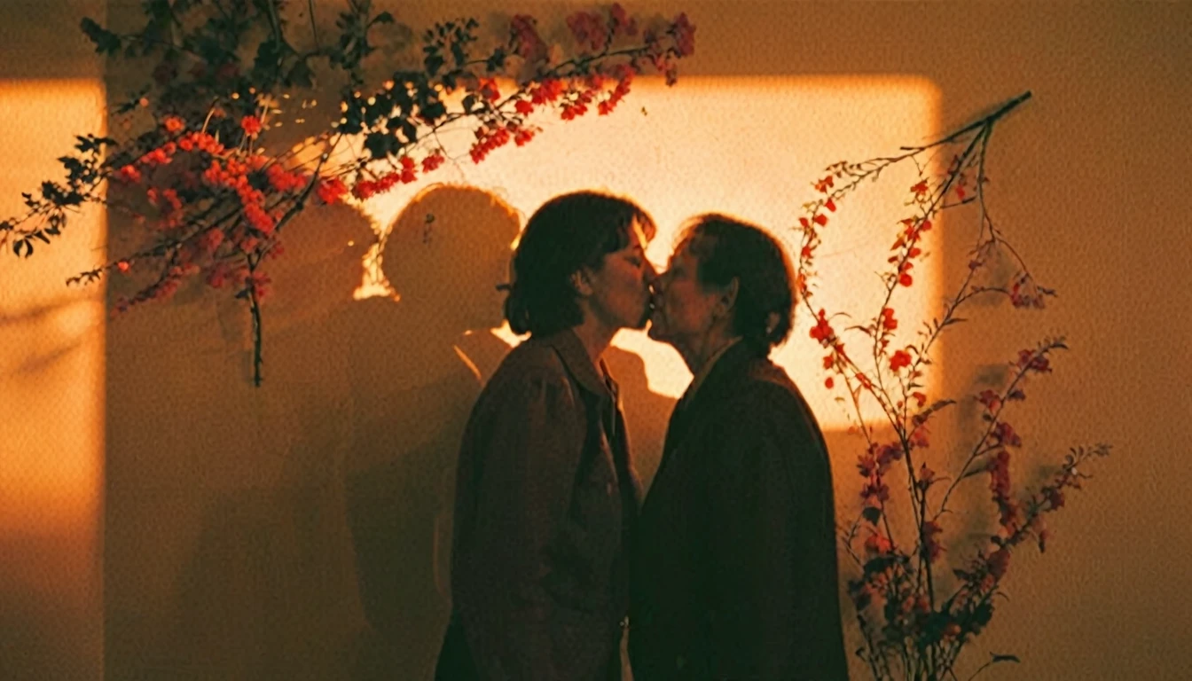 Cinematography style, cinematography, Tyndall effect, include negative space to the left of the subjects, a grandpa is kissing a stick figure mural of a shadow of grandma ,shadow on the wall,The outline of vines and flowers,The red sunset glow., film grain