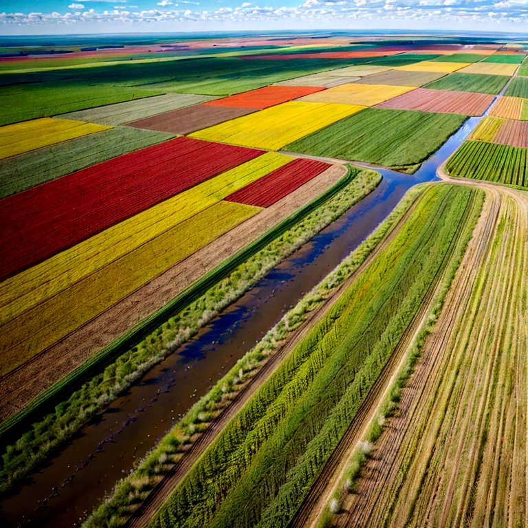 Straight up, top down,  overhead view, Birds eye view of Tall grass Prairies, colorful grasslands with colorful wildflowers scattered. Riparian zones with scattered shrubs and trees, High quality, 4k,