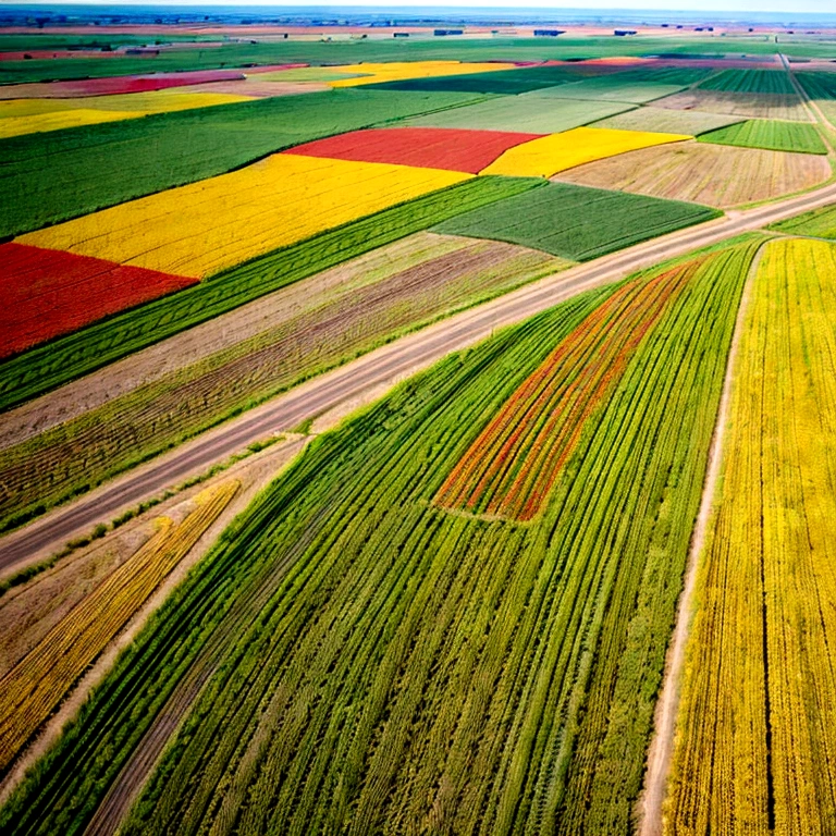 Straight up, top down, overhead view, Birds eye view of Tall grass Prairies, colorful grasslands with colorful wildflowers scattered. Riparian zones with scattered shrubs and trees, High quality, 4k,