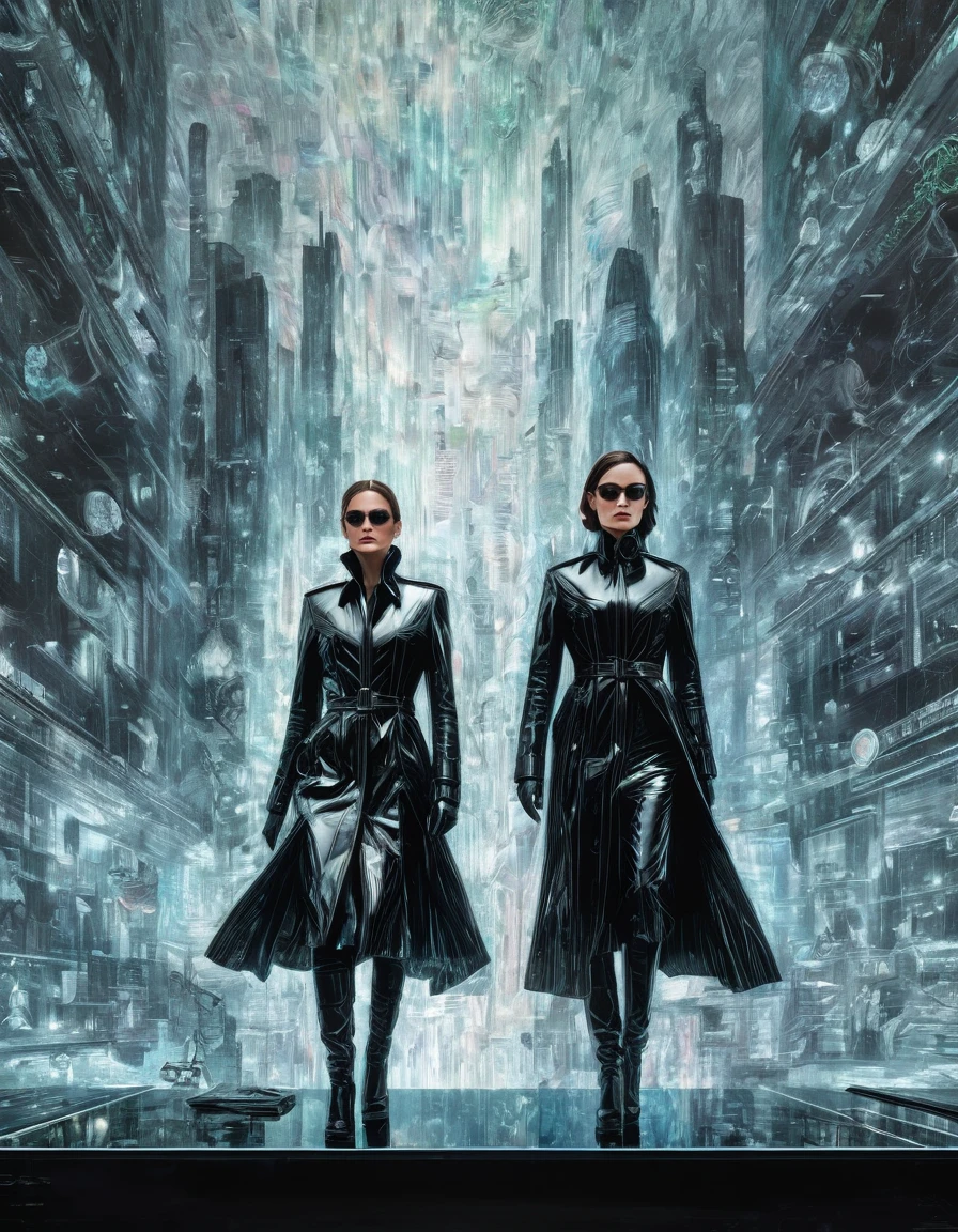 (On a sheet of paper placed on a large desk, Drawing large 4D figurines in stunning and breathtaking uhd ink style), holographic effect that comes out vertically from the drawing sheet, Trinity, two sublime women in high detailed Black trench coat, matrix style, futuristic city center,  fully detailed, high quality, high resolution, proportions parfaites, masterpiece, hyperRéaliste, masterpiece, superior quality, high resolution, Extremely detailed faces, highly detailed 8K wallpaper, détails fractales