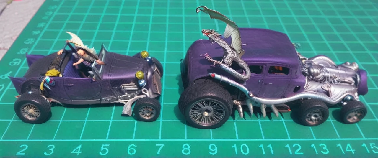 Photograph of Realistic Fiction Dragon and car, Realistic Fiction, often for real-life settings, believable characters, or true-to-life writing., captured on a (Hasselblad X1D II 50C)