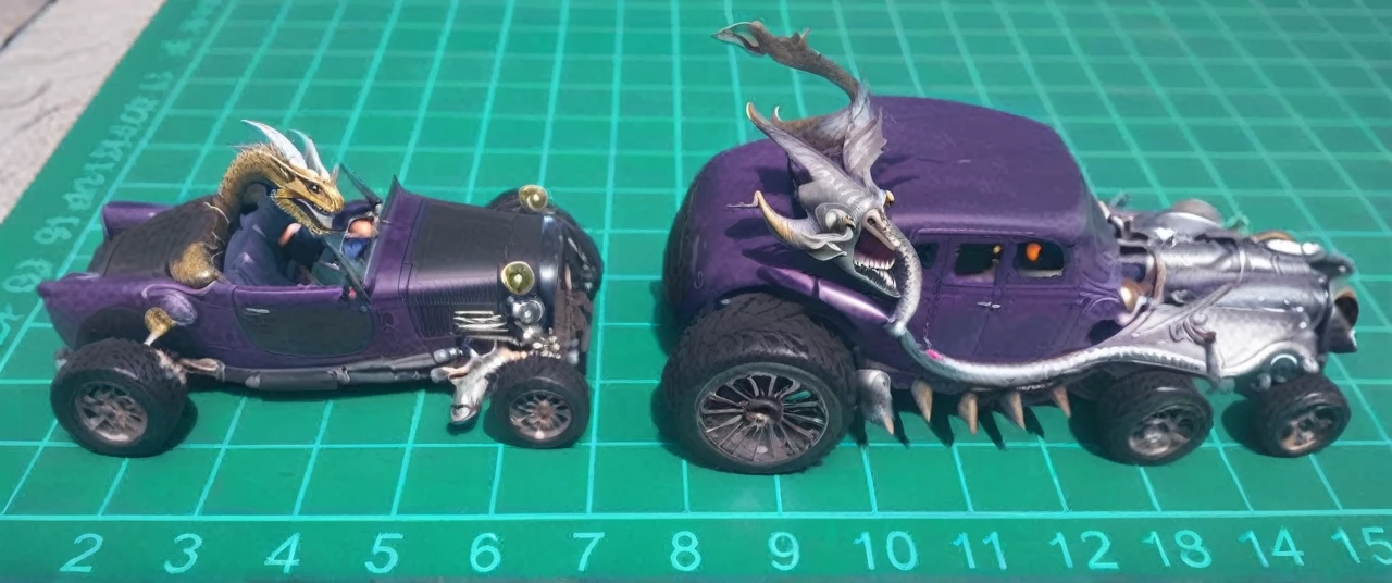 Photograph of Realistic Fiction Dragon and car, Realistic Fiction, often for real-life settings, believable characters, or true-to-life writing., captured on a (Hasselblad X1D II 50C)