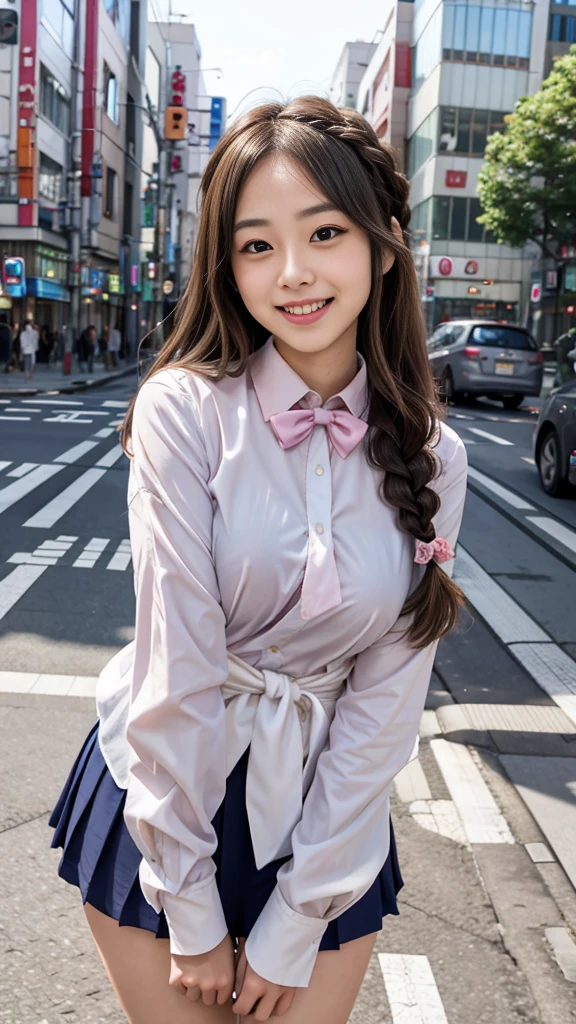 Raw photo、Ultra-realistic、Ultra detailed face、Detail lips、Detailed eyes、High school girl smiling showing her teeth、Long Hair:1.1、chest、Visible curves、Laughing with your mouth open 、Tokyo city角、 Whole body、( Slender body)、(Long Hair)、Big Breasts、Idol、(pastel colour)、18-year-old、Small face、Braid、 Tokyo city、Long beautiful legs 1.2、Curved waist、flower、uniform、blouse、Wide forehead