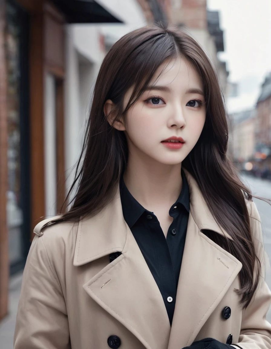 girl in black trench coat, open clothes, ((realistic, masterpiece, Best Quality, 8K, high resolution:1.3)), photorealistic, (illustration:0.7), extremely fine, extremely detailed CG, K-POP idol, good anatomy, long hair, detailed face, black eyes, detailed lips, long eyelashes, detailed hair, model body type, beautiful standing figure, cityscape with fashionable cafes, people passing by, Winter Dusk, a hot latte in hand, 