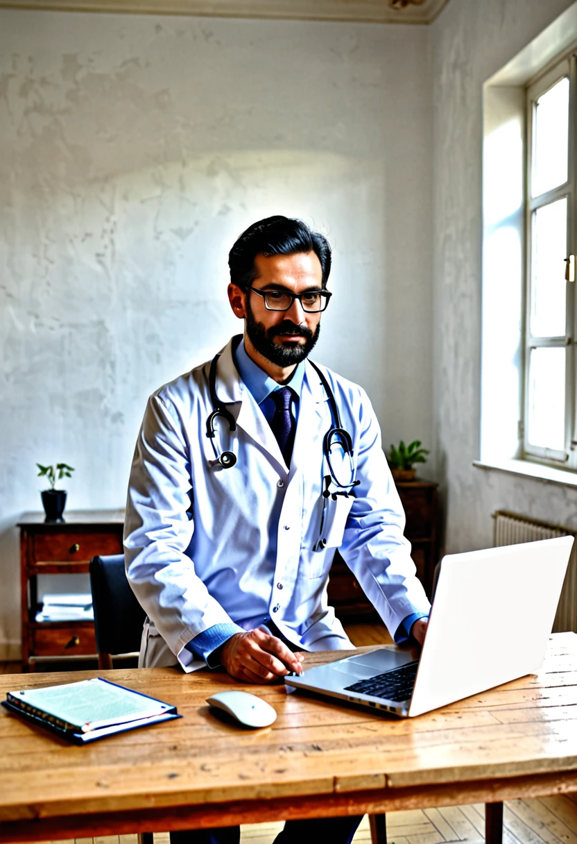 Alternative medicine doctor at laptop, Empty room.