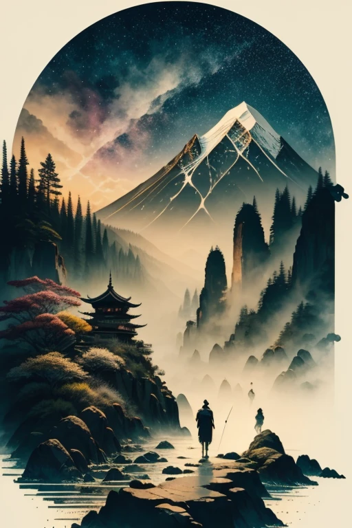 A crow, night scene background, , Mysterious clouds, expression of surprise, incredible views, Unavailable, in the sky, legend, stars illuminating the night sky, Fly free, adventure, terraces, High mountains, Amazing sunset, Fly as much as you want, Through the clouds, Spirit of adventure, Shocking scene with wings spread, Huge starry sky, fusion of tradition and modernity./masterpiece Illustration, high quality, 8k, high resolution, by hajime sorayama, ink