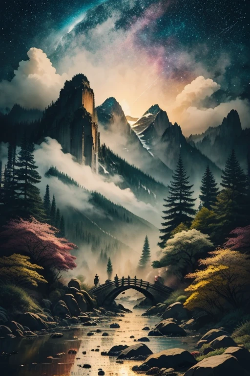 A crow, night scene background, , Mysterious clouds, expression of surprise, incredible views, Unavailable, in the sky, legend, stars illuminating the night sky, Fly free, adventure, terraces, High mountains, Amazing sunset, Fly as much as you want, Through the clouds, Spirit of adventure, Shocking scene with wings spread, Huge starry sky, fusion of tradition and modernity./masterpiece Illustration, high quality, 8k, high resolution, by hajime sorayama, ink