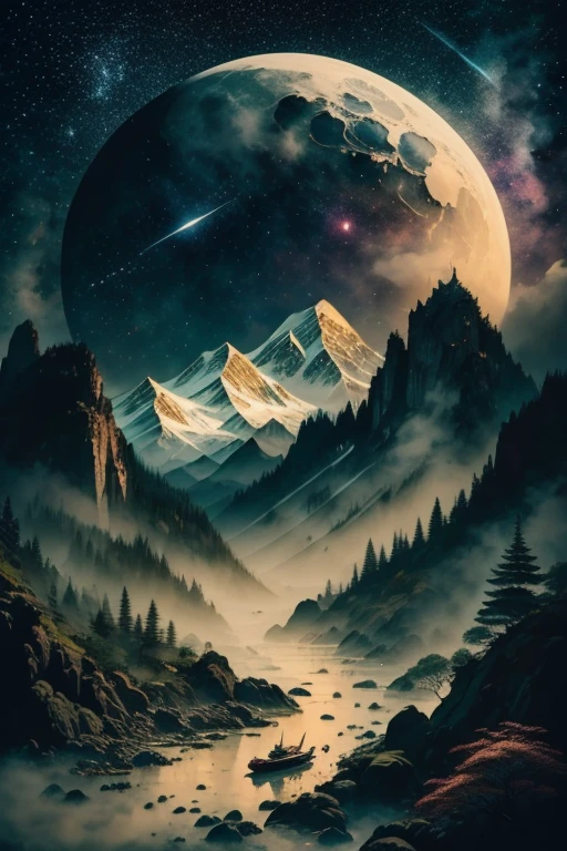 A crow, night scene background, , Mysterious clouds, expression of surprise, incredible views, Unavailable, in the sky, legend, stars illuminating the night sky, Fly free, adventure, terraces, High mountains, Amazing sunset, Fly as much as you want, Through the clouds, Spirit of adventure, Shocking scene with wings spread, Huge starry sky, fusion of tradition and modernity./masterpiece Illustration, high quality, 8k, high resolution, by hajime sorayama, ink