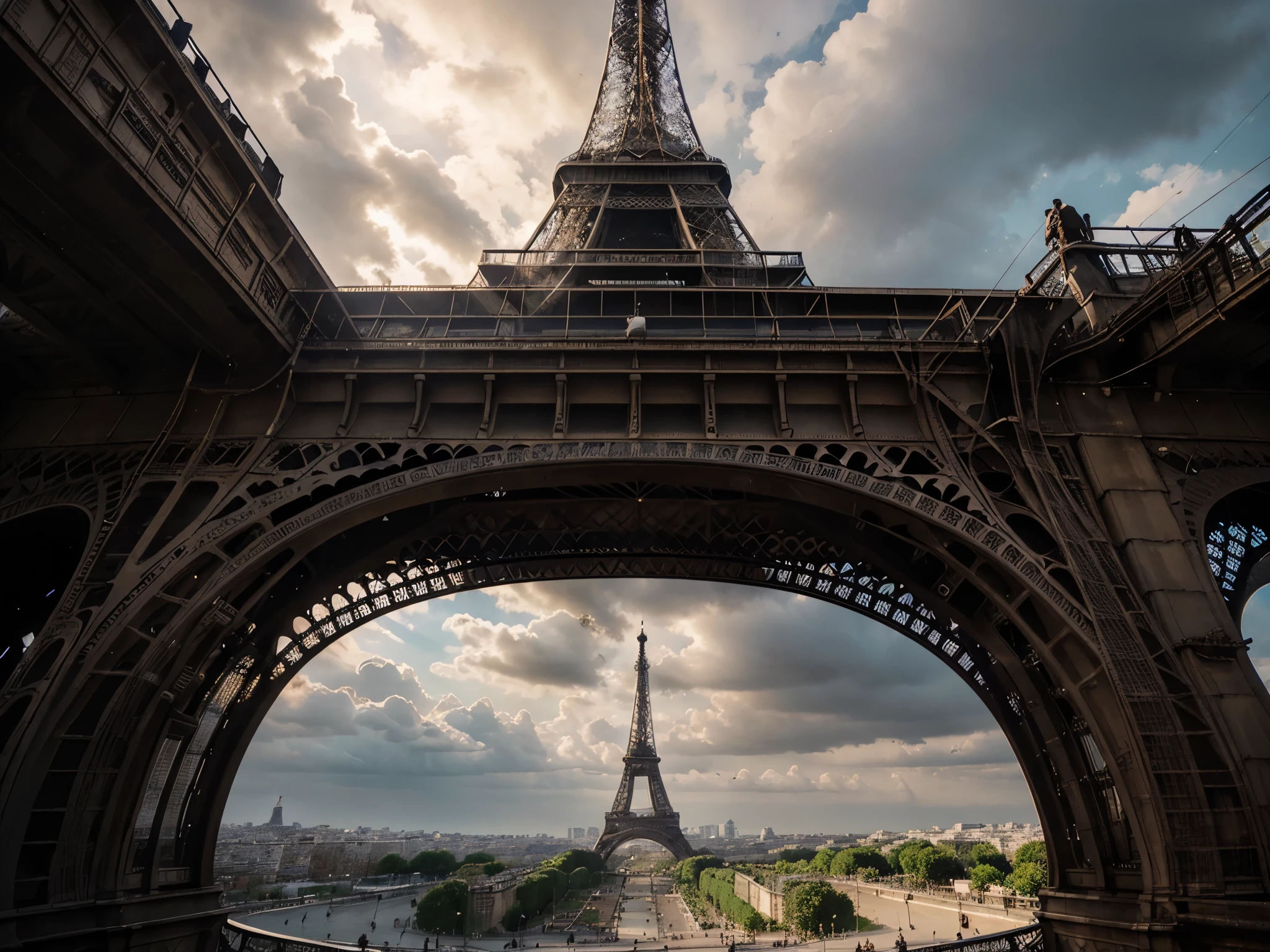 a detailed photo of the Eiffel Tower in Paris, France, a global cultural icon, shot from the ground looking up, with a beautiful cloudy sky in the background, ultra-realistic, highly detailed, photorealistic, sharp focus, 8k, masterpiece, dramatic lighting, cinematic atmosphere, moody colors, warm tones, golden hour, intricate architectural details, wrought iron structure, sweeping cityscape in the background, iconic landmark, leading lines, striking composition, dramatic shadows and highlights