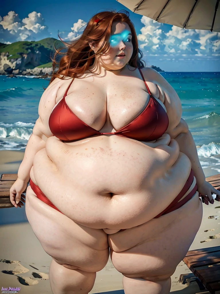 The most beautiful very obese young obese ussbbw fat redhead woman with long rich curly natural ginger hair, natural beautiful cute face, blue eyes, freckles on face and body, busty obese ussbbw fat feminine body, huge fat obese bloated soft belly, very wide hips and large fat booty, fat arms, thicc fat wide obese legs in a beautiful tight red bikini on a beach