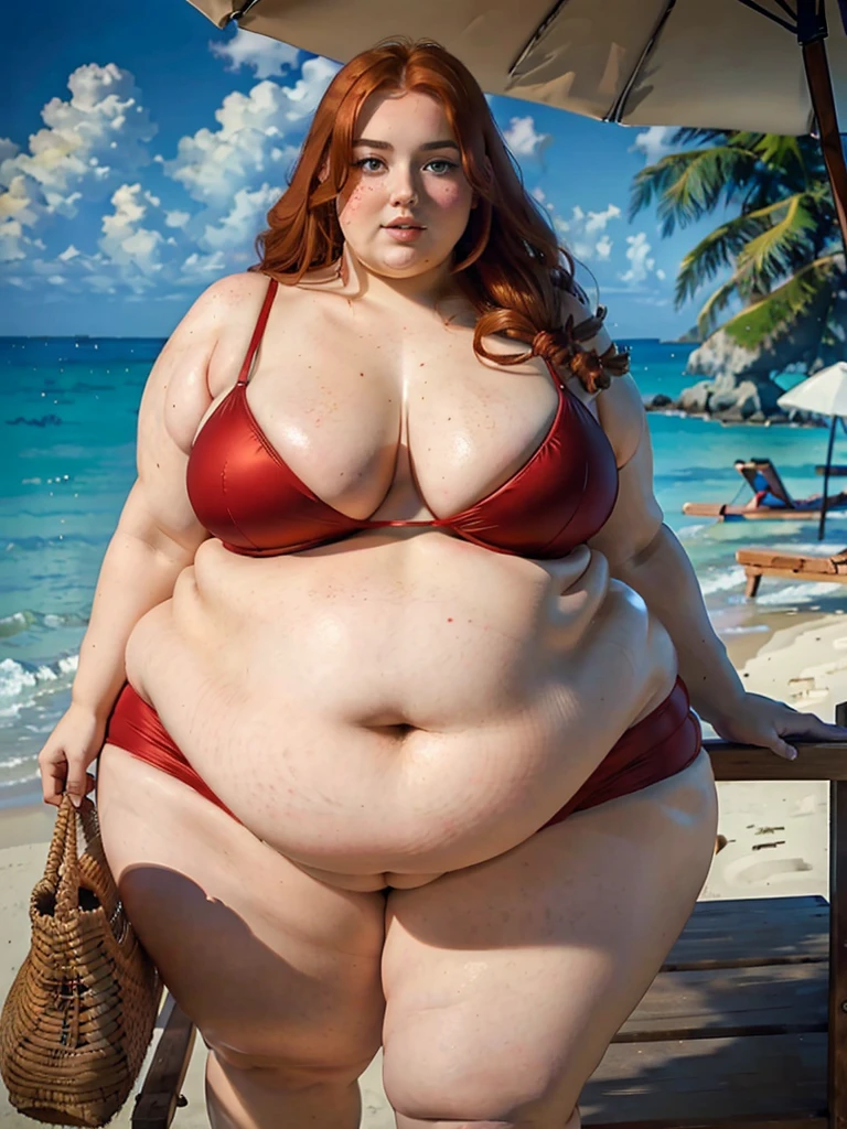 The most beautiful very obese young obese ussbbw fat redhead woman with long rich curly natural ginger hair, natural beautiful cute face, blue eyes, freckles on face and body, busty obese ussbbw fat feminine body, huge fat obese bloated soft belly, very wide hips and large fat booty, fat arms, thicc fat wide obese legs in a beautiful tight red bikini on a beach