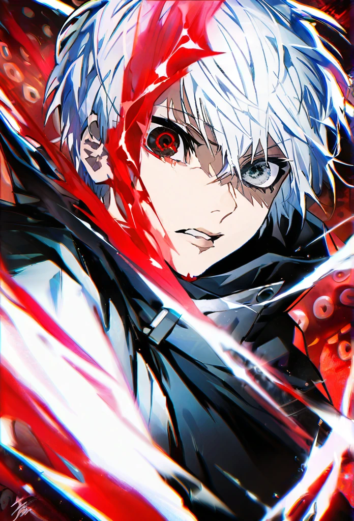 ```
ken kaneki, Tokyo Ghoul,White hair, black outfit, half-ghoul, serious expression, red kakugan eye, kagune tentacles, detailed face, high quality、Uplifting、Cold-like sensation、masterpiece、Fighting spirit、cool、Sharp Eyes、Wave Attack
```