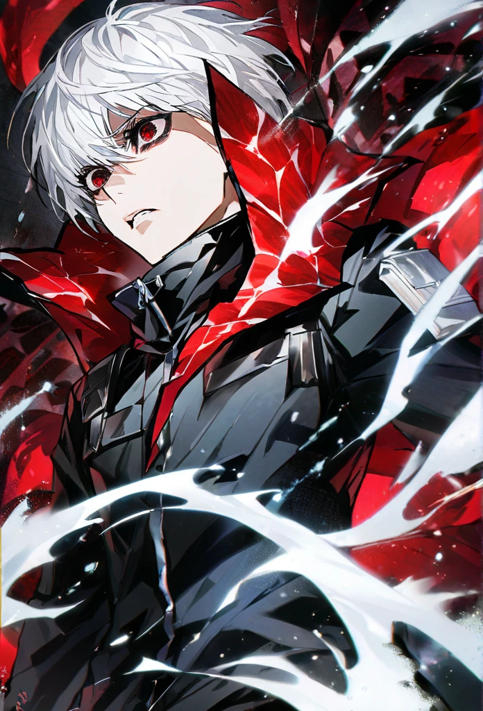 ```
ken kaneki, Tokyo Ghoul,White hair, black outfit, half-ghoul, serious expression, red kakugan eye, kagune tentacles, detailed face, high quality、Uplifting、Cold-like sensation、masterpiece、Fighting spirit、cool、Sharp Eyes、Wave Attack
```
