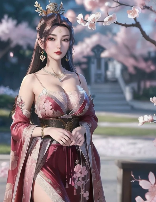 (((Full and soft breasts,)))(((Huge breasts))) (((Cleavage)))(,1 Girl, Throw,best quality, ) , (,1 Girl, Solitary, Large Breasts, Looking at the audience, Cherry blossoms,Peach Blossom, ) Ultra-realistic 8k CG, Flawless, Clean, masterpiece, Professional artwork, Famous Artworks, light, Bloom, Perfect face, Pretty Face, fantasy, Like a dream, illusory, Science fiction, Lace, Lace trim, Lace-trimmed legwear, luxurious, Jewelry, diamond, Kaneko, pearl, gem, 蓝gem, 红gem, emerald, Intricate details, Exquisite pattern, charming, Tempting, Tempting, , enchanting, Hair accessories, neckLace, earrings, bracelet, armband,Halo,autumn,