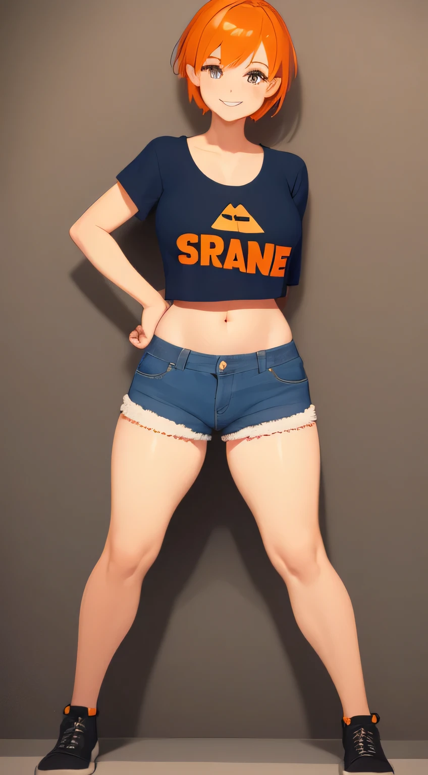 a cartoon character of a girl wearing denim shorts and a orange top, 1girl, solo, large breasts, smile, orange hair, white background, short hair, shirt, shorts, simple background, navel, midriff, full body, crop top, looking at viewer