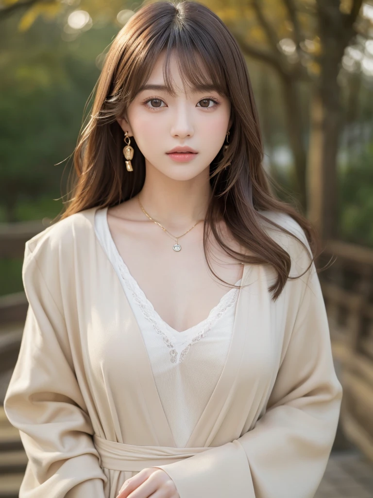 ((Highest quality, 8K, masterpiece:1.3)), concentrate: 1.2, Perfect body beauty: 1.4, : 1.2, ((Long Hair, : 1.2)), (Dry clothes: 1.1) , (clear, Simple Background:1.3), Simple clothes: 1.1, Highly detailed face and skin texture,Delicate eyes, double eyelid, Whitened skin, Rough skin、Long Hair、Earrings with bangs、necklace、 solo、Beige coat、White shirt,  (((Beautiful girl with cute Japan)))、  ((Beautiful Japanese girl 20 years old))、 ((Baby Face))、 (((Slender body)))、  Upper Body，Face focus、necklace，Simple Background，From above， Realistic Hair、 A photograph was taken:Canon EOS R6、135mm、1/1250 seconds、f2.8、ISO400、(Detailed explanation of the hand)、(Masseter muscle area)、(Exquisite CG)、Long Hair, loose and curly hair、Korean Hair、Long Hair明るいベージュ色、グラデーションハイライトグレージュのゆるふわLong Hairスタイル、