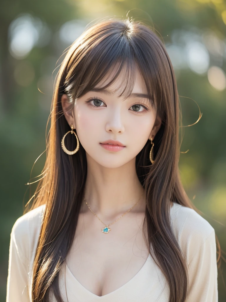 ((Highest quality, 8K, masterpiece:1.3)), concentrate: 1.2, Perfect body beauty: 1.4, Hips: 1.2, ((Long Hair, chest: 1.2)), (Dry clothes: 1.1) , (clear, Simple Background:1.3), Simple clothes: 1.1, Highly detailed face and skin texture,Delicate eyes, double eyelid, Whitened skin, Rough skin、Long Hair、Earrings with bangs、necklace、 solo、Beige coat、White shirt, (((Beautiful girl with cute Japan)))、 ((Beautiful Japanese girl 20 years old))、 ((Baby Face))、 (((Slender body)))、 Upper Body,Face focus、necklace,Simple Background,From above, Realistic Hair、 A photograph was taken:Canon EOS R6、135mm、1/1250 seconds、f2.8、ISO400、(Detailed explanation of the hand)、(Masseter muscle area)、(Exquisite CG)、Long Hair, loose and curly hair、Korean Hair、Long Hair明るいベージュ色、グラデーションハイライトグレージュのゆるふわLong Hairスタイル、