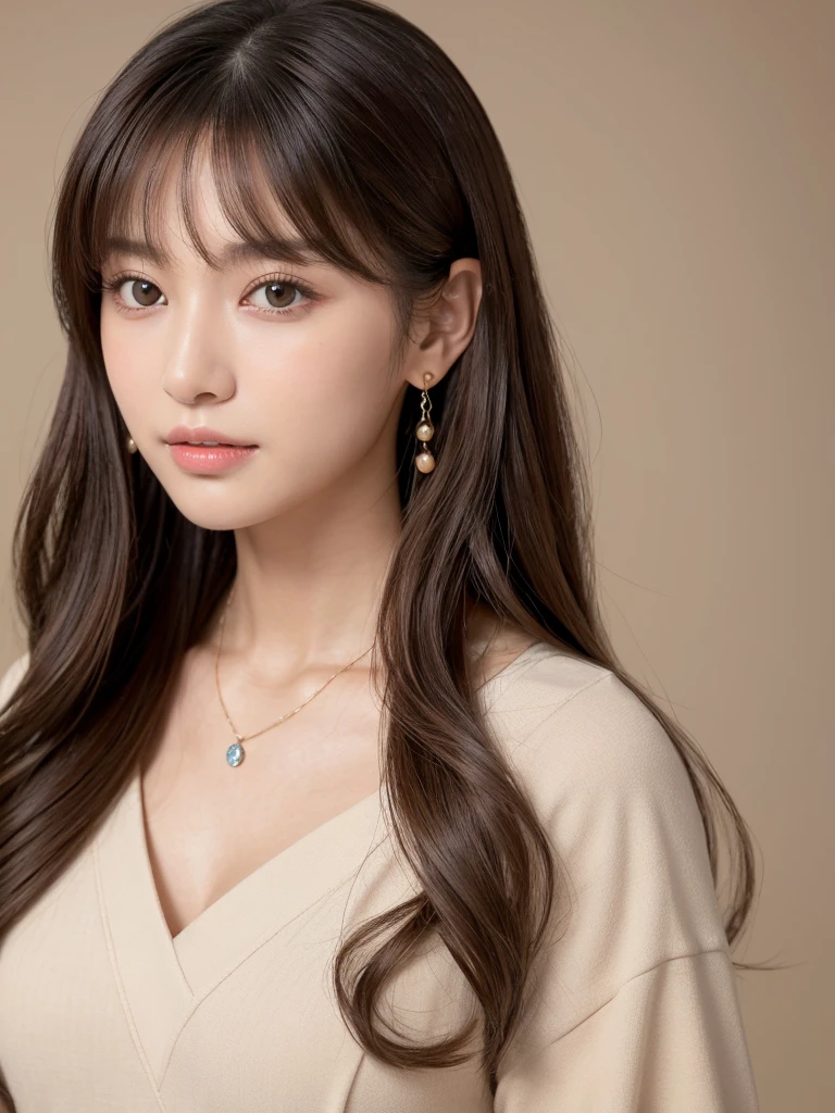 ((Highest quality, 8K, masterpiece:1.3)), concentrate: 1.2, Perfect body beauty: 1.4, Hips: 1.2, ((Long Hair, chest: 1.2)), (Dry clothes: 1.1) , (clear, Simple Background:1.3), Simple clothes: 1.1, Highly detailed face and skin texture,Delicate eyes, double eyelid, Whitened skin, Rough skin、Long Hair、Earrings with bangs、necklace、 solo、Beige coat、White shirt, (((Beautiful girl with cute Japan)))、 ((Beautiful Japanese girl 20 years old))、 ((Baby Face))、 (((Slender body)))、 Upper Body,Face focus、necklace,Simple Background,From above, Realistic Hair、 A photograph was taken:Canon EOS R6、135mm、1/1250 seconds、f2.8、ISO400、(Detailed explanation of the hand)、(Masseter muscle area)、(Exquisite CG)、Long Hair, loose and curly hair、Korean Hair、Long Hair明るいベージュ色、グラデーションハイライトグレージュのゆるふわLong Hairスタイル、