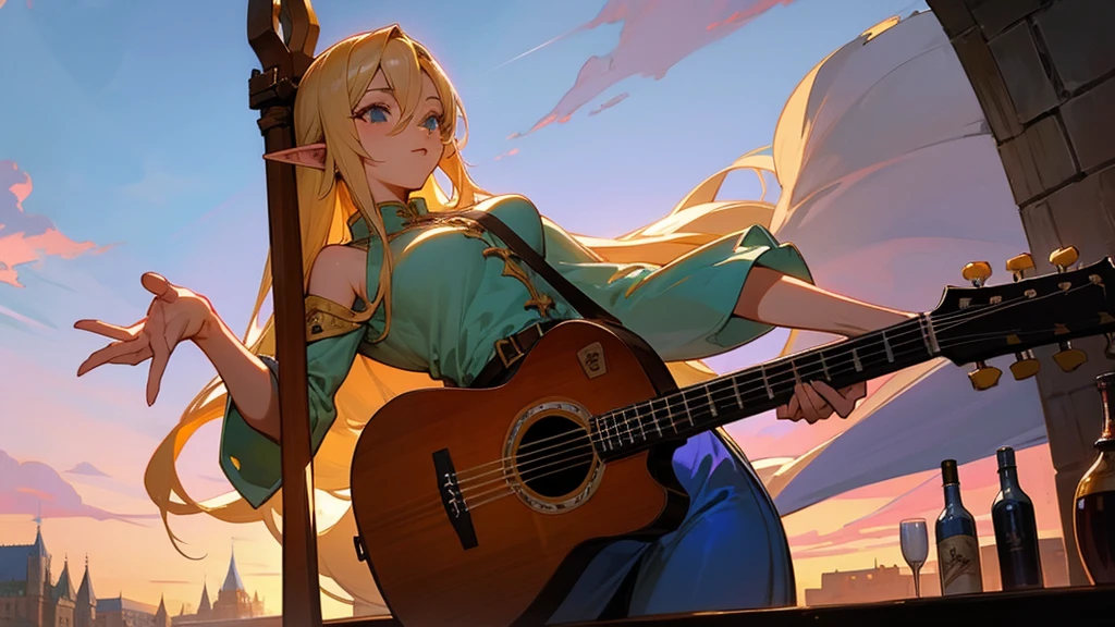 Anime Style,Nostalgic,Detailed background,The medieval world,A lively bar with lots of people,Beautiful sky,Beautiful Elf Bard,guitar,Large Breasts,Healthy thighs