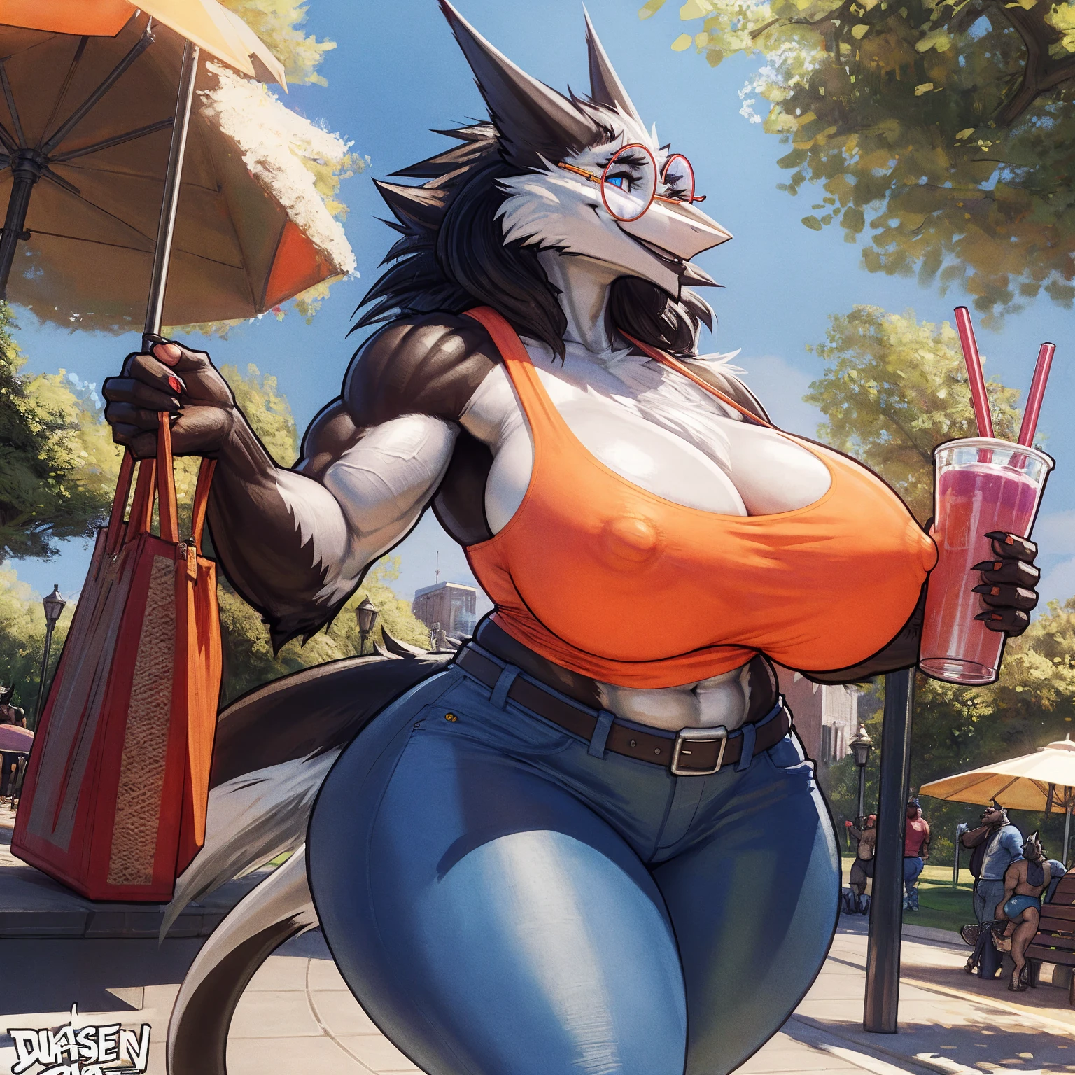 by darkgem, by duase, by BNG, by sligarthetiger, solo, 1girl, sergal, anthro, female, older woman, bodybuilder, muscular, thicc, (round glasses:1.4), furry body, wide body, wide hips, muscular thighs, thick thighs, big arms, (huge breasts:1.1), (heavy breasts:1.3), nipple outline, highly detailed eyes, milf, orange tank top, bare midriff, cleavage, large areolae, blue jeans, lowrise jeans, bare midriff, visible thong straps, Masterpiece, best quality, absurd res, highly detailed, cleanly drawn eyes, park environment, cute smile, standing upright, casual posture, buff, holding a smoothie