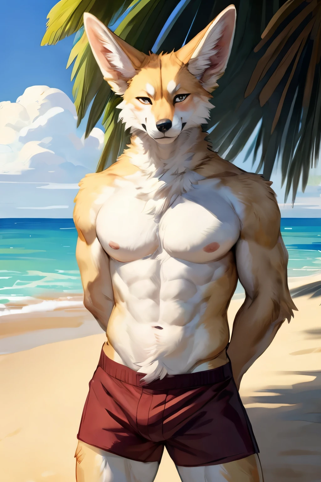 (solo, furry, anthro, hyper realistic, realistic fur), male, front view, muscular body, Fennec, smug, smirk, blushing, head tilted, wearing ((dark red)) boxer shorts, hands behind back, standing, beach, blurred background, by bebebebebe:1.2, by buta99,by foxovh, by ruan jia